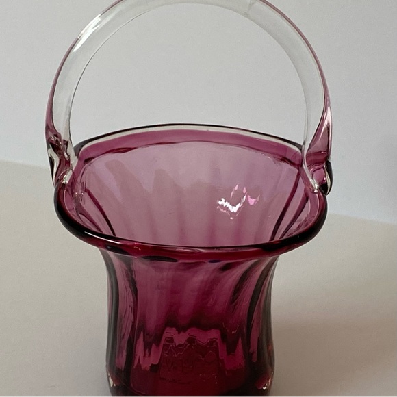 Cranberry Glass Basket by Pilgrim with Clear Glass Handles 5.5” high pink EUC - Picture 12 of 16